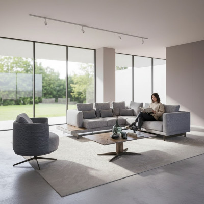 Nei Luxus Garnitur Textilstoff Canapé L-Form Miwwelen Wunnzëmmer Couchtisch