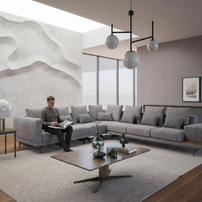 Luxus Set Wunnzëmmer Textil Polstersofa L-Form Holz Dësch mat Bäistelltisch