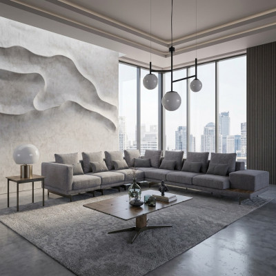 Luxus Set Wunnzëmmer Textil Polstersofa L-Form Holz Dësch mat Bäistelltisch