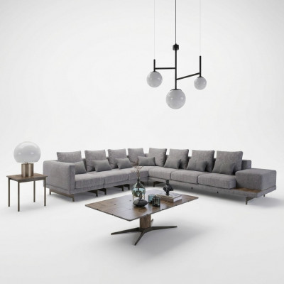 Luxus Set Wunnzëmmer Textil Polstersofa L-Form Holz Dësch mat Bäistelltisch