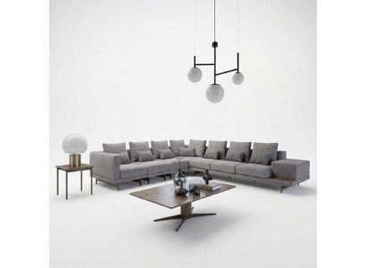 Luxus Set Wunnzëmmer Textil Polstersofa L-Form Holz Dësch mat Bäistelltisch