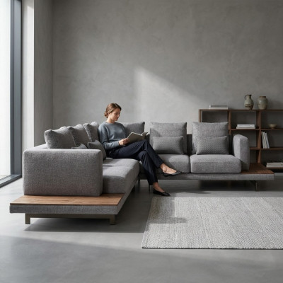 Wunnzëmmer Griis Textil Sofa Couch L-Form Designer Luxus Polstersofa