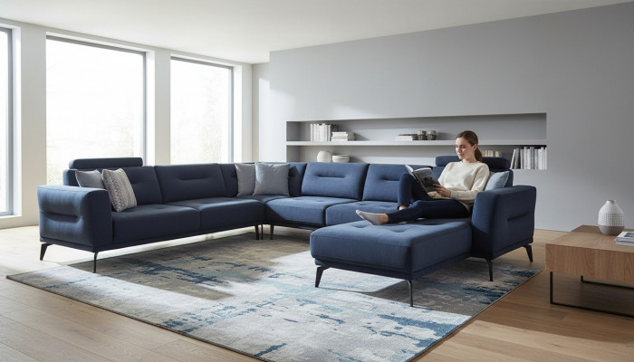Luxus Modern Design Wunnzëmmer U-Form Eckcouch Massiv Donkelblo Canapé