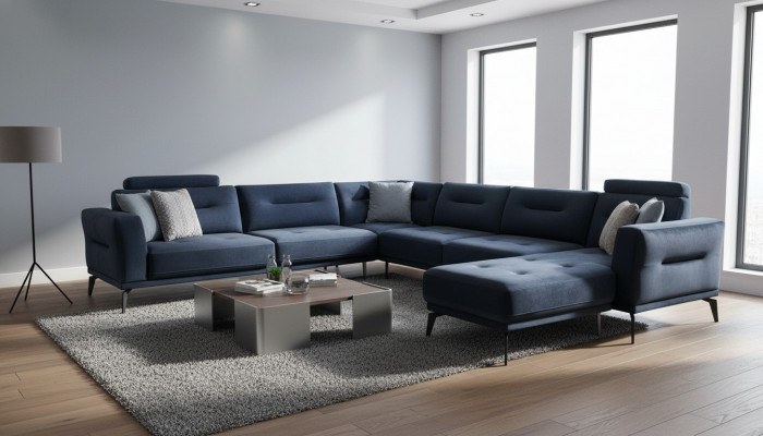 Luxus Modern Design Wunnzëmmer U-Form Eckcouch Massiv Donkelblo Canapé