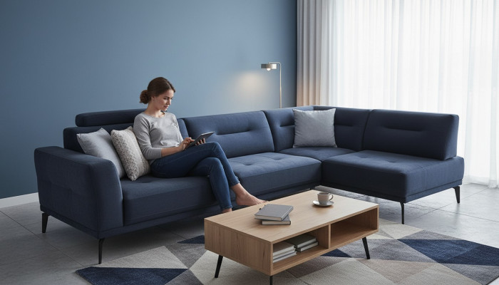 Canapé Set Wunnzëmmer Donkelblo L-Form Stoffsofa Modernen Design