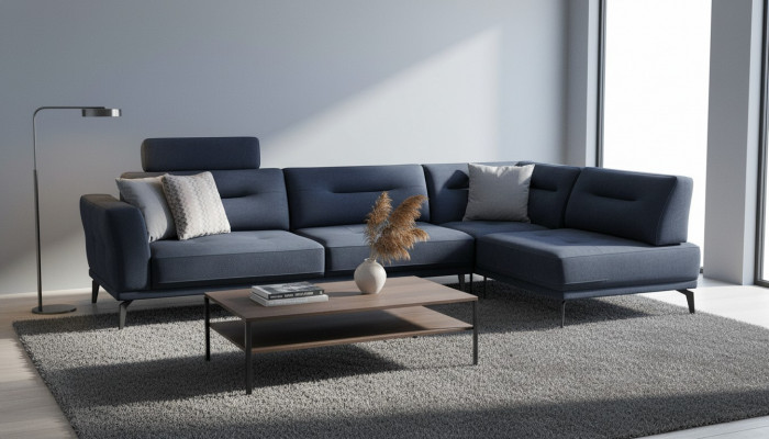Canapé Set Wunnzëmmer Donkelblo L-Form Stoffsofa Modernen Design