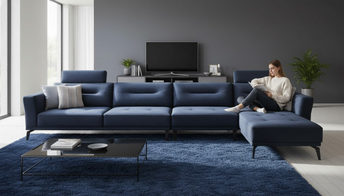 Massiivt Wunnzëmmer L-Form donkelblo Eckssofa Modern Luxus Design