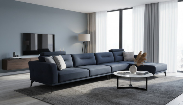 Massiivt Wunnzëmmer L-Form donkelblo Eckssofa Modern Luxus Design