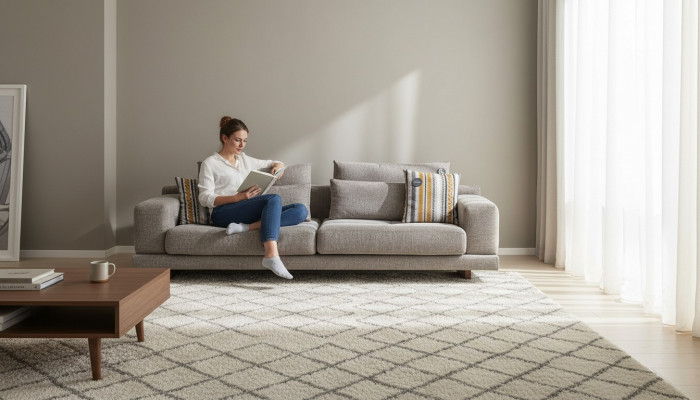 3-Sëtzer Modern Stil Designer Stuffzëmmer Stoffsofa mat Këssen Réckekëssen