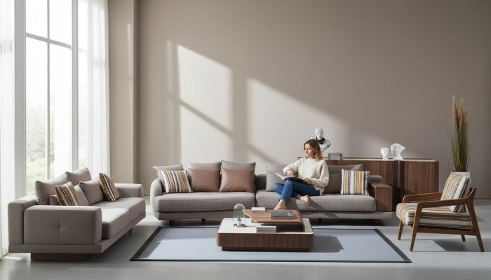 Gro Moudecks Sofaen Stoffsofaen Designer Fautellen Holz Dësch 5 Deeler.