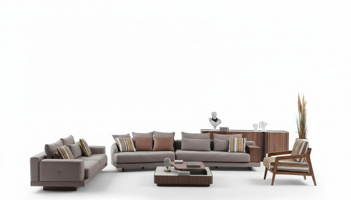 Gro Moudecks Sofaen Stoffsofaen Designer Fautellen Holz Dësch 5 Deeler.