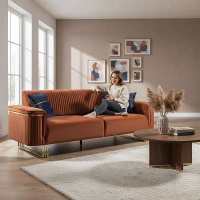 Orange Dräisëtzer Luxus Stoffcanapé Modern Wunnzëmmer Sëtzmiwwelen