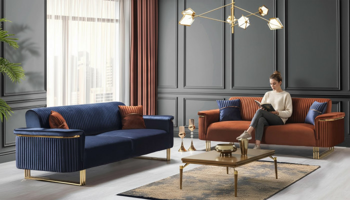 Blo-Oranges Wunnzëmmer Sofa-Set Designer Stoffsofaen Modern Miwwelen 2tlg