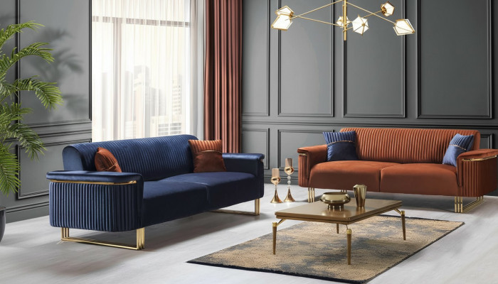 Blo-Oranges Wunnzëmmer Sofa-Set Designer Stoffsofaen Modern Miwwelen 2tlg