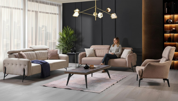 Beige Wunnzëmmer Sofagarnitur Designer 2x Stoffsesselen 3-Sëtzer 3-delig.