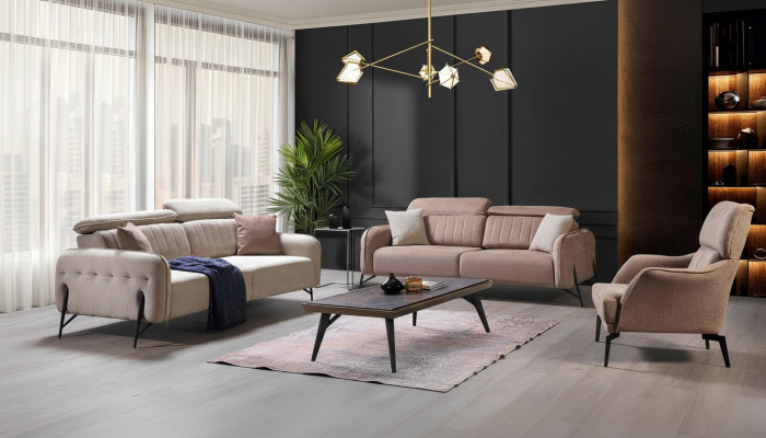 Beige Wunnzëmmer Sofagarnitur Designer 2x Stoffsesselen 3-Sëtzer 3-delig.