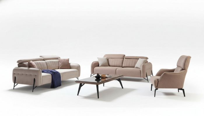 Beige Wunnzëmmer Sofagarnitur Designer 2x Stoffsesselen 3-Sëtzer 3-delig.