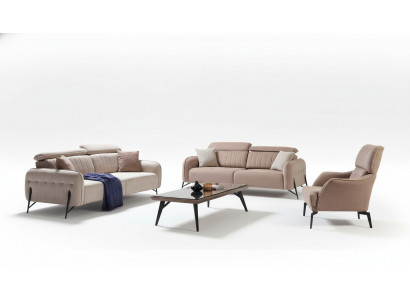 Beige Wunnzëmmer Sofagarnitur Designer 2x Stoffsesselen 3-Sëtzer 3-delig.
