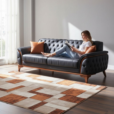 Luxuriéis Blo Chesterfield Canapé Modernen 3-Sëtzer Luxus Sëtz Miwwelstéck