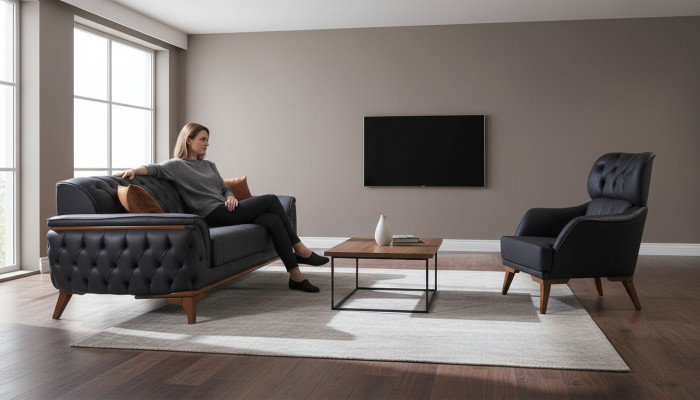 Schwaarzt Chesterfield Designer Garnitur Luxus Ledersofa Designer Fauteuil