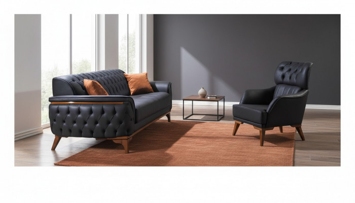 Schwaarzt Chesterfield Designer Garnitur Luxus Ledersofa Designer Fauteuil