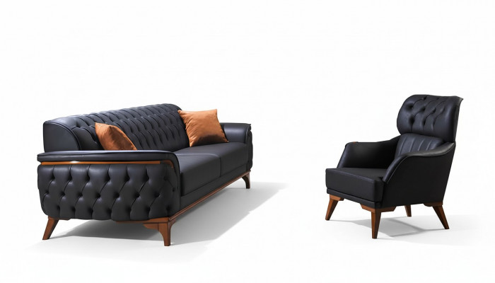 Schwaarzt Chesterfield Designer Garnitur Luxus Ledersofa Designer Fauteuil