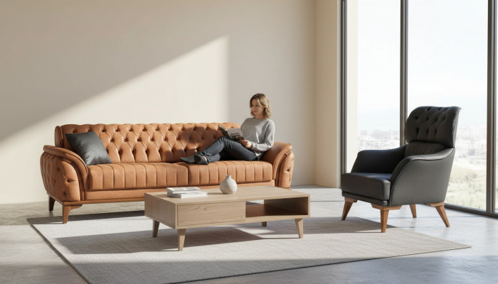 Orange-schwaarz Chesterfield Garnitur Luxuriéisegen Dräisëtzer Sëtz 2tlg