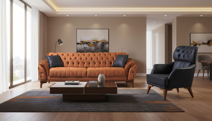 Orange-schwaarz Chesterfield Garnitur Luxuriéisegen Dräisëtzer Sëtz 2tlg