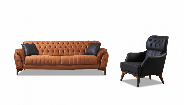Orange-schwaarz Chesterfield Garnitur Luxuriéisegen Dräisëtzer Sëtz 2tlg