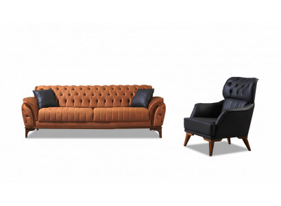 Orange-schwaarz Chesterfield Garnitur Luxuriéisegen Dräisëtzer Sëtz 2tlg