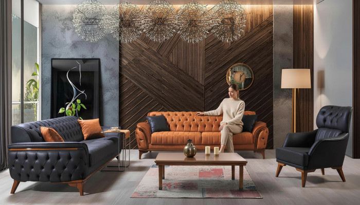 Schwaarz-Orange Chesterfield Sofagarnitur Wunnzëmmer Couchen Fauteuil 4-Deel.