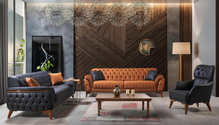 Schwaarz-Orange Chesterfield Sofagarnitur Wunnzëmmer Couchen Fauteuil 4-Deel.
