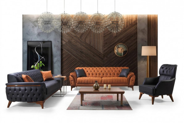 Schwaarz-Orange Chesterfield Sofagarnitur Wunnzëmmer Couchen Fauteuil 4-Deel.
