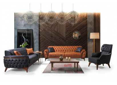 Schwaarz-Orange Chesterfield Sofagarnitur Wunnzëmmer Couchen Fauteuil 4-Deel.