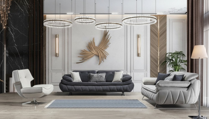 Wunnzëmmer-Set 3 Stéck Schwaarz Wäiss 2x Canapéen mat Fauteuil Modernen Design Textil