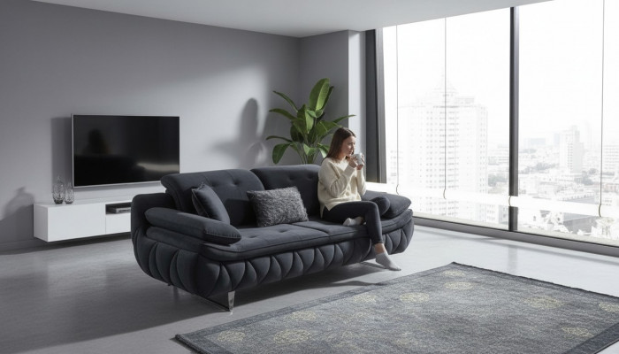 Schwaarz 3-Sëtzer Stuffestoffdivan Modernen Design mat Këssen Textil