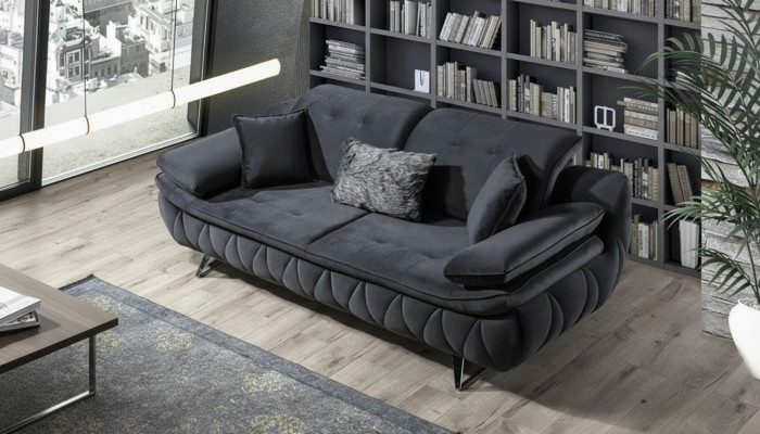 Schwaarz 3-Sëtzer Stuffestoffdivan Modernen Design mat Këssen Textil