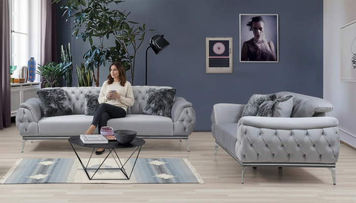 Grau Wunnzëmmer Stoffsofa Modernen Design Chesterfield Textilmaterial
