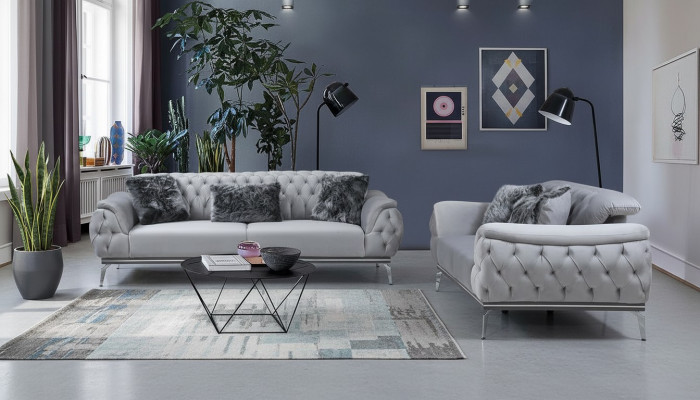 Grau Wunnzëmmer Stoffsofa Modernen Design Chesterfield Textilmaterial