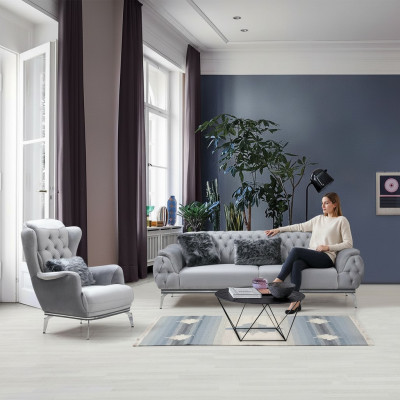 Wunnzëmmer-Set 2 Stéck. Sofa mat Sëtz Chesterfield Design Modern Textil