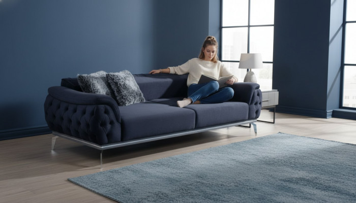 Schwaarzt Chesterfield Design Textil Material Modern 3-Sëtzer Stoffsofa