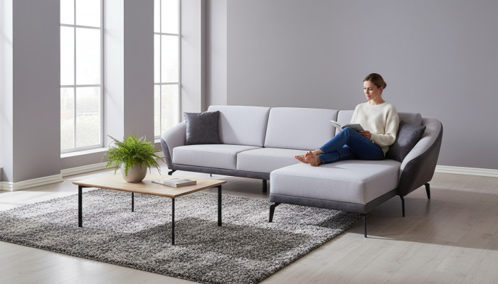 Wäiss-Gro L-Form Wunnzëmmer Stoffsofa Designer Ecksofa Textil Miwwelen