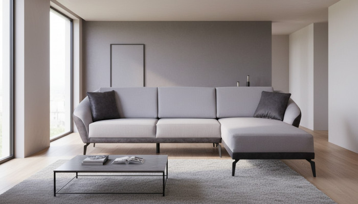 Wäiss-Gro L-Form Wunnzëmmer Stoffsofa Designer Ecksofa Textil Miwwelen