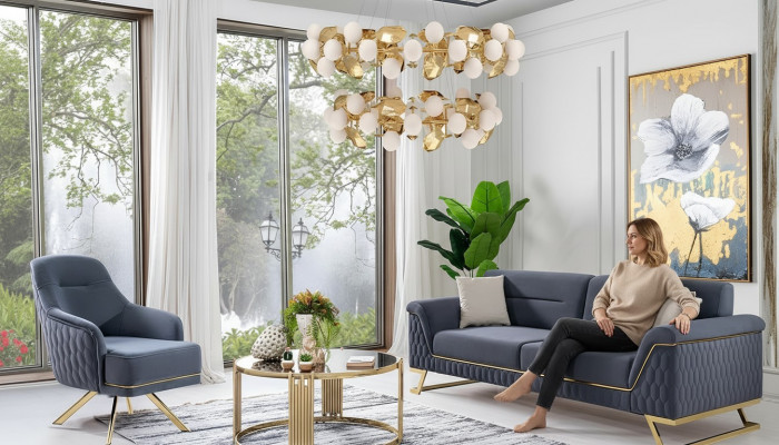 Blo Wunnzëmmer Sëtzgrupp Designer Ecksofa Luxus Moderne Fausstuhl