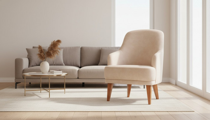 Beige Ledersëtz Wunnzëmmersessel Designer 1-Plaz Miwwelen Nei