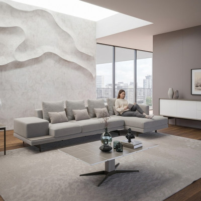 Luxus Wohnzimmer Set 3tlg Ecksofa L-Form Nei Couchtisch mat Holz Bäistelltisch