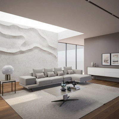 Luxus Wohnzimmer Set 3tlg Ecksofa L-Form Nei Couchtisch mat Holz Bäistelltisch