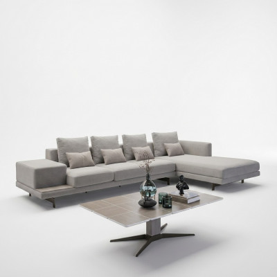 Luxus Wohnzimmer Set 3tlg Ecksofa L-Form Nei Couchtisch mat Holz Bäistelltisch