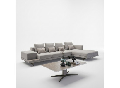 Luxus Wohnzimmer Set 3tlg Ecksofa L-Form Nei Couchtisch mat Holz Bäistelltisch