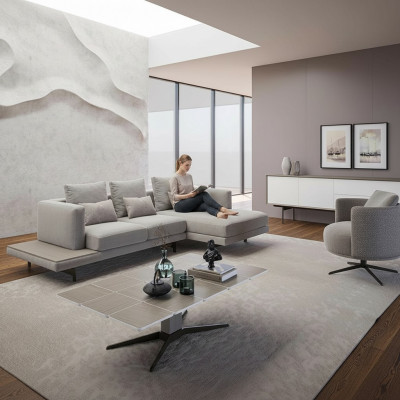 Wunnzëmmer Sofagarnitur Ecksofa L-Form Nei Sessell Luxus Holz Dësch.